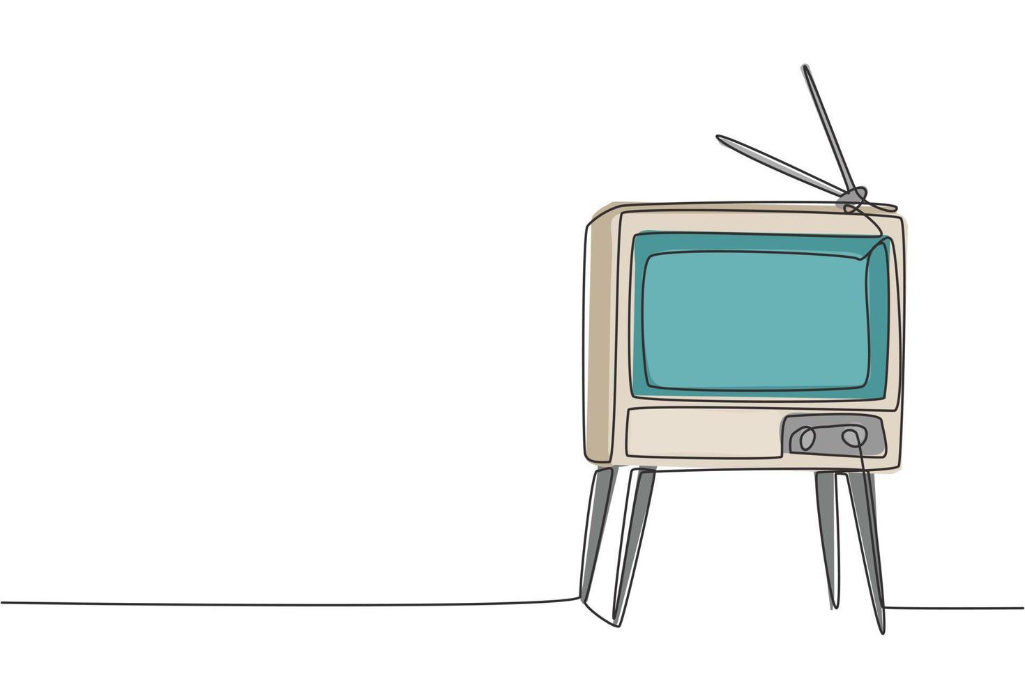 Eine durchgehende Strichzeichnung eines altmodischen Retro-Fernsehers mit Holztisch und Tischbeinen. Klassisches Vintage-Analog-Fernsehkonzept Single-Line-Draw-Design-Grafik-Vektor-Illustration vektor