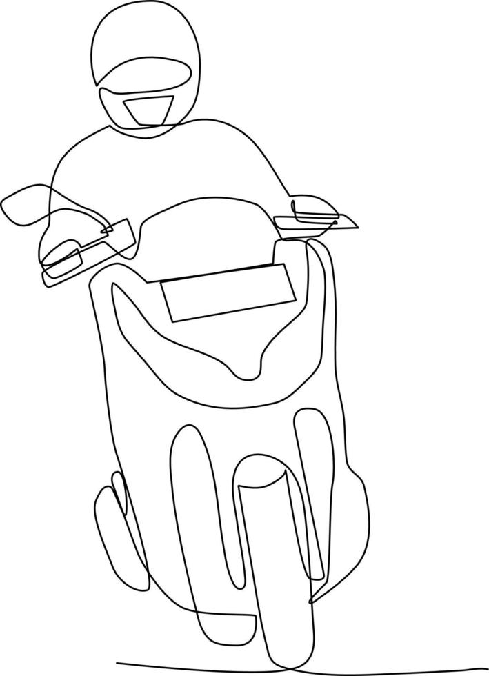 kontinuierlich einer Linie Zeichnung glücklich Mann Reiten Motorrad auf das Straße mit Helm. Sicherheit Reiten Konzept. Single Linie zeichnen Design Vektor Grafik Illustration.
