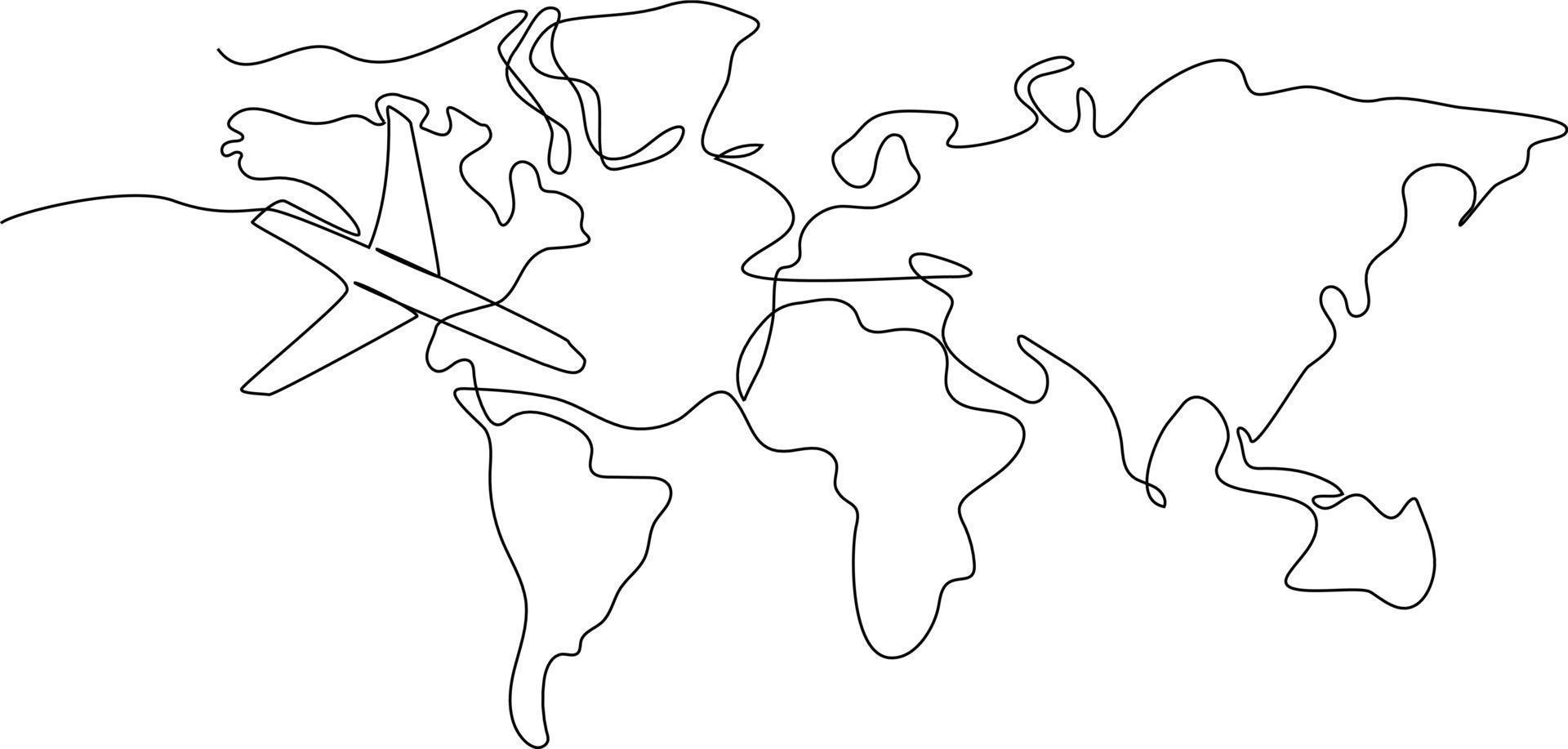 kontinuerlig ett linje teckning värld resa Karta och luft plan. värld resande begrepp. enda linje dra design vektor grafisk illustration.