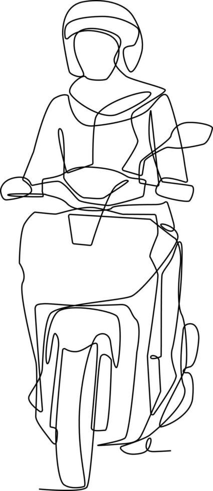 kontinuierlich einer Linie Zeichnung glücklich Hijab Frau Reiten auf Motorrad im Stadt Straße. Sicherheit Reiten Konzept. Single Linie zeichnen Design Vektor Grafik Illustration.