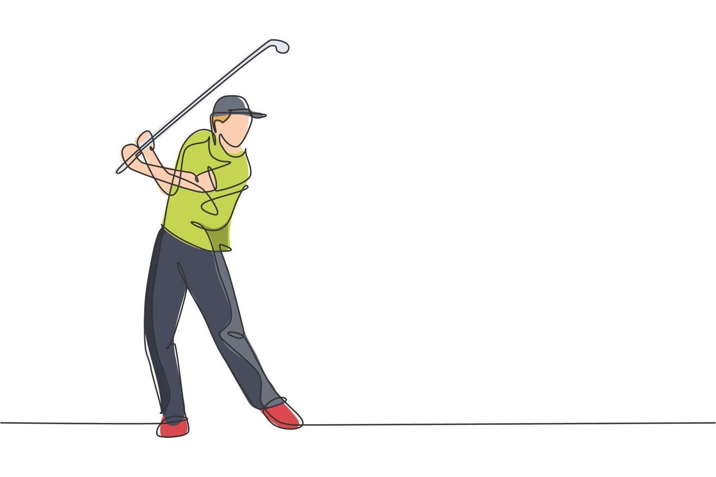 enda kontinuerlig linjeteckning av unga glada golfspelare svingar golfklubban för att slå bollen. hobby sport koncept. trendiga en rad rita design vektor illustration för golf turnering marknadsföring media