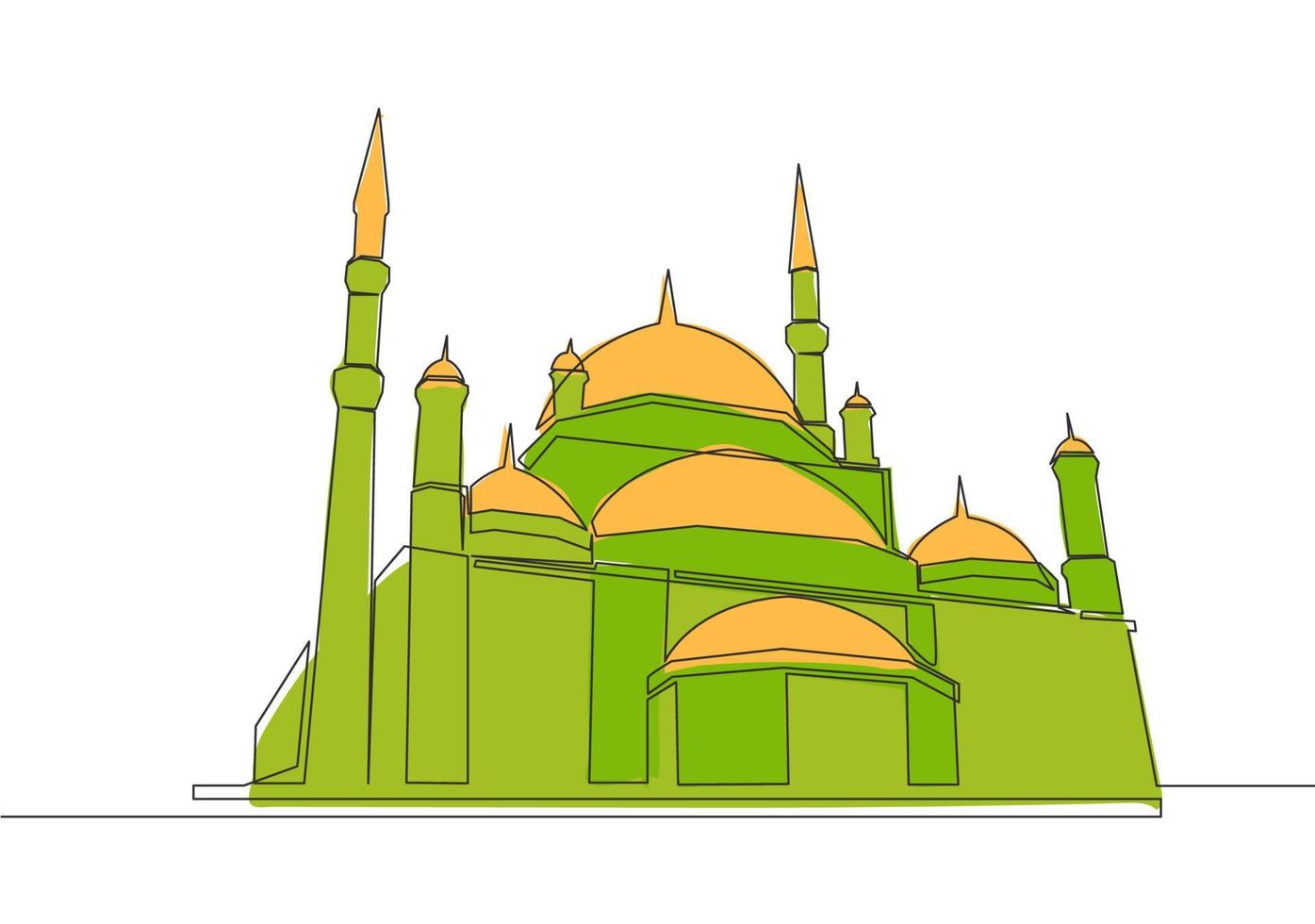 einer Single Linie Zeichnung von islamisch historisch Kuppel Wahrzeichen Masjid oder Moschee. heilig Platz zu Gebet zum Islam Menschen Konzept kontinuierlich Linie zeichnen Design Vektor Illustration