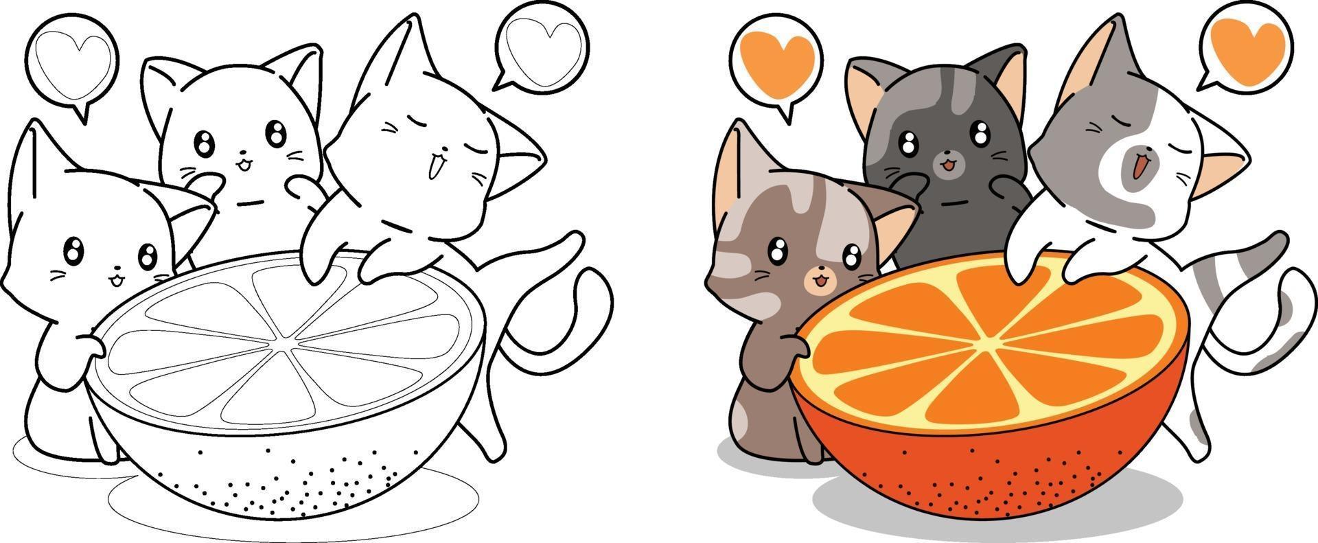 söta katter och stor orange tecknad målarbok vektor