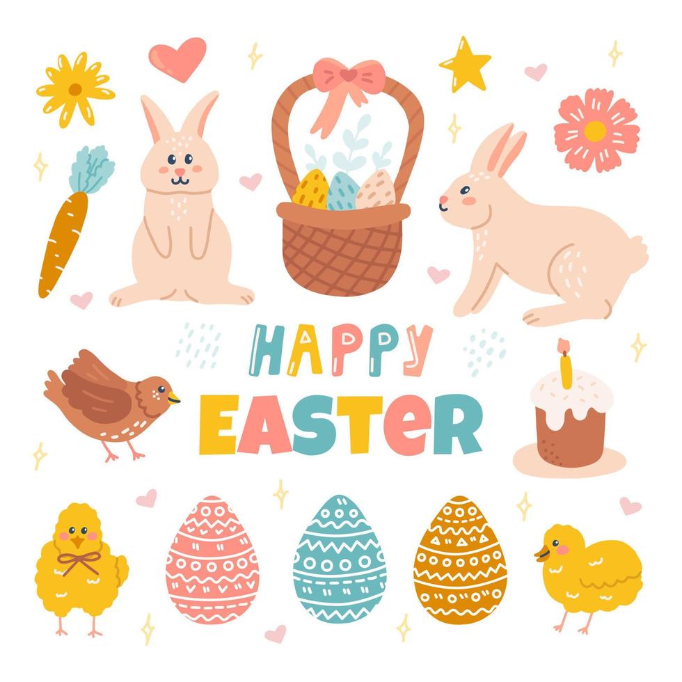 söt påsk uppsättning, kaniner, påsk ägg, kaka och kycklingar. vektor platt hand dragen illustration. Semester dekor