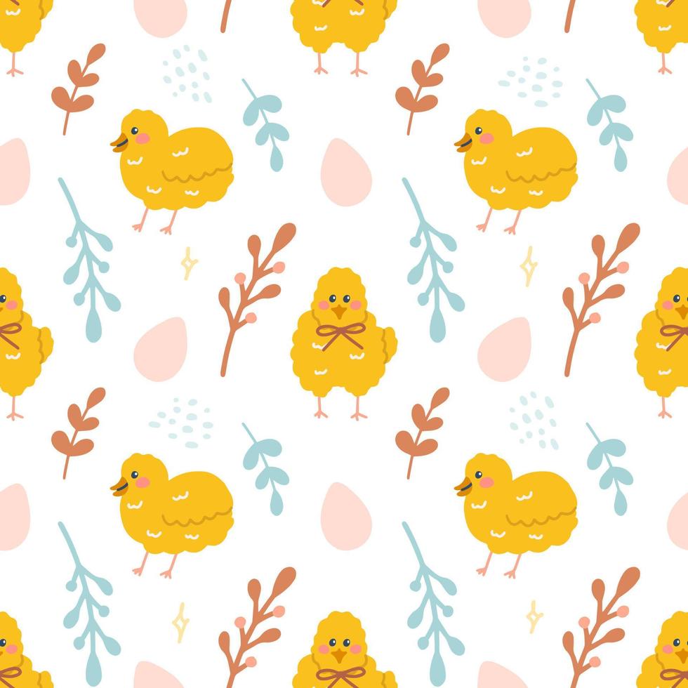 söt gul kycklingar med påsk ägg, kvistar, vektor sömlös mönster