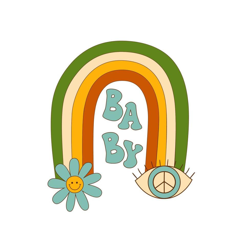 groovig Baby retro groovig Regenbogen mit Blume, Auge, Hippie Frieden isoliert Element. retro 70er Jahre Vektor Design. Baby Dusche dekorativ Illustration. siebziger Jahre Hippie Symbol. Jahrgang retro Blumen- Regenbogen.