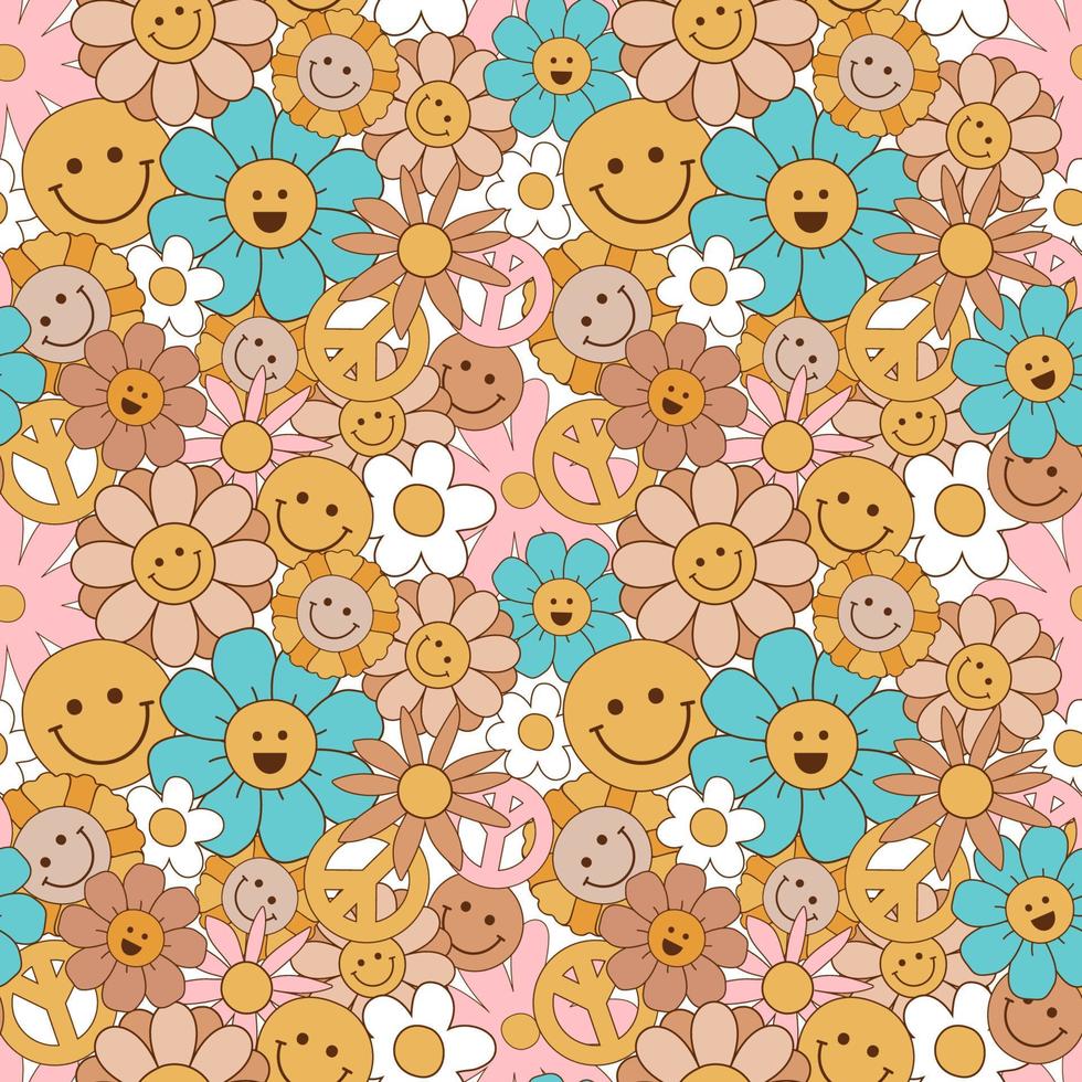 groovig Blumen Muster. retro siebziger Jahre Blumen- nahtlos Muster mit lächelnd Gesicht Blumen. Pastell- Jahrgang groovig Gänseblümchen Blumen. retro Blumen- Hintergrund Oberfläche Design Hippie drucken Vektor Illustration.