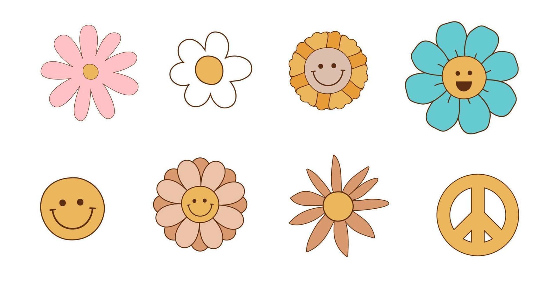 groovig Blumen Satz. retro 70er Jahre lächelnd Gesicht Blumen Grafik Elemente isoliert Sammlung. Hippie, Frieden, Blume Leistung einfach linear Stil groovig dekorativ Vektor Illustration. retro Jahrgang Blumen.