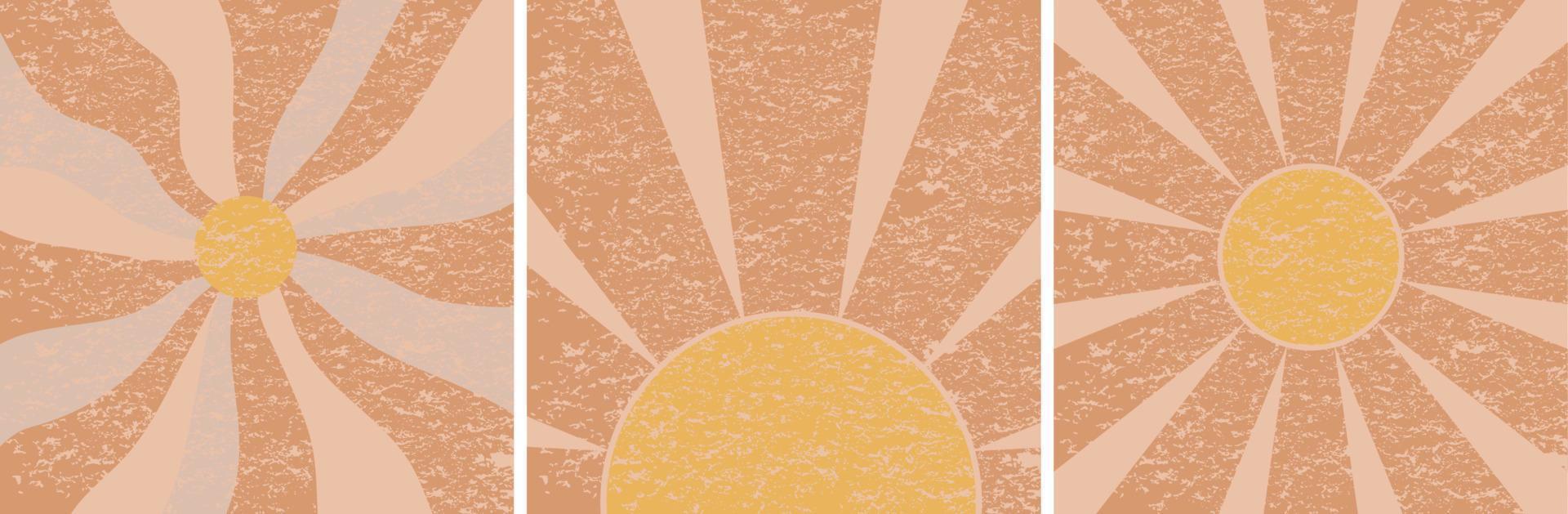 häftig retro solsken kort uppsättning. häftig Sol strålar bakgrund samling. retro 70s årgång texturerad design. hippie Sol häftig randig bakgrund strålar på Centrum. sunburst årgång vektor illustration.