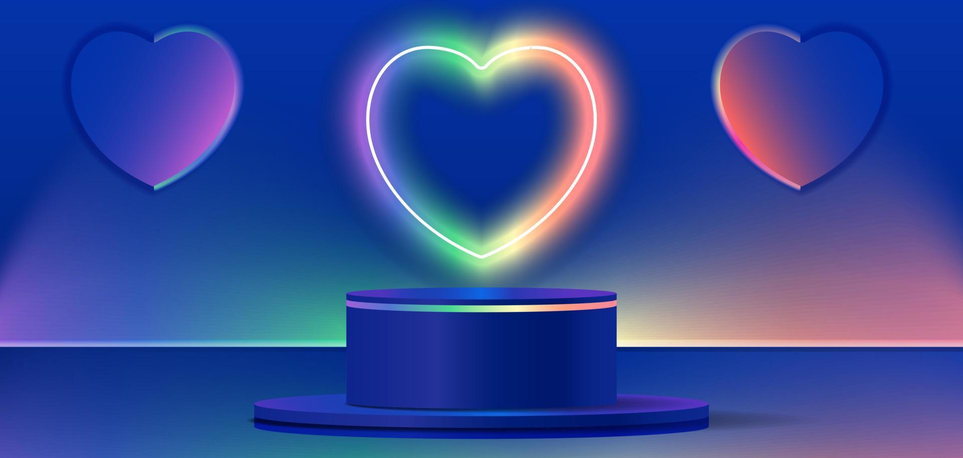 abstrakt mörk blå cylinder piedestal podium. sci-fi abstrakt rum begrepp, hjärta form neon och hjärta form valentines dag minimal scen för produkt visa presentation. vektor
