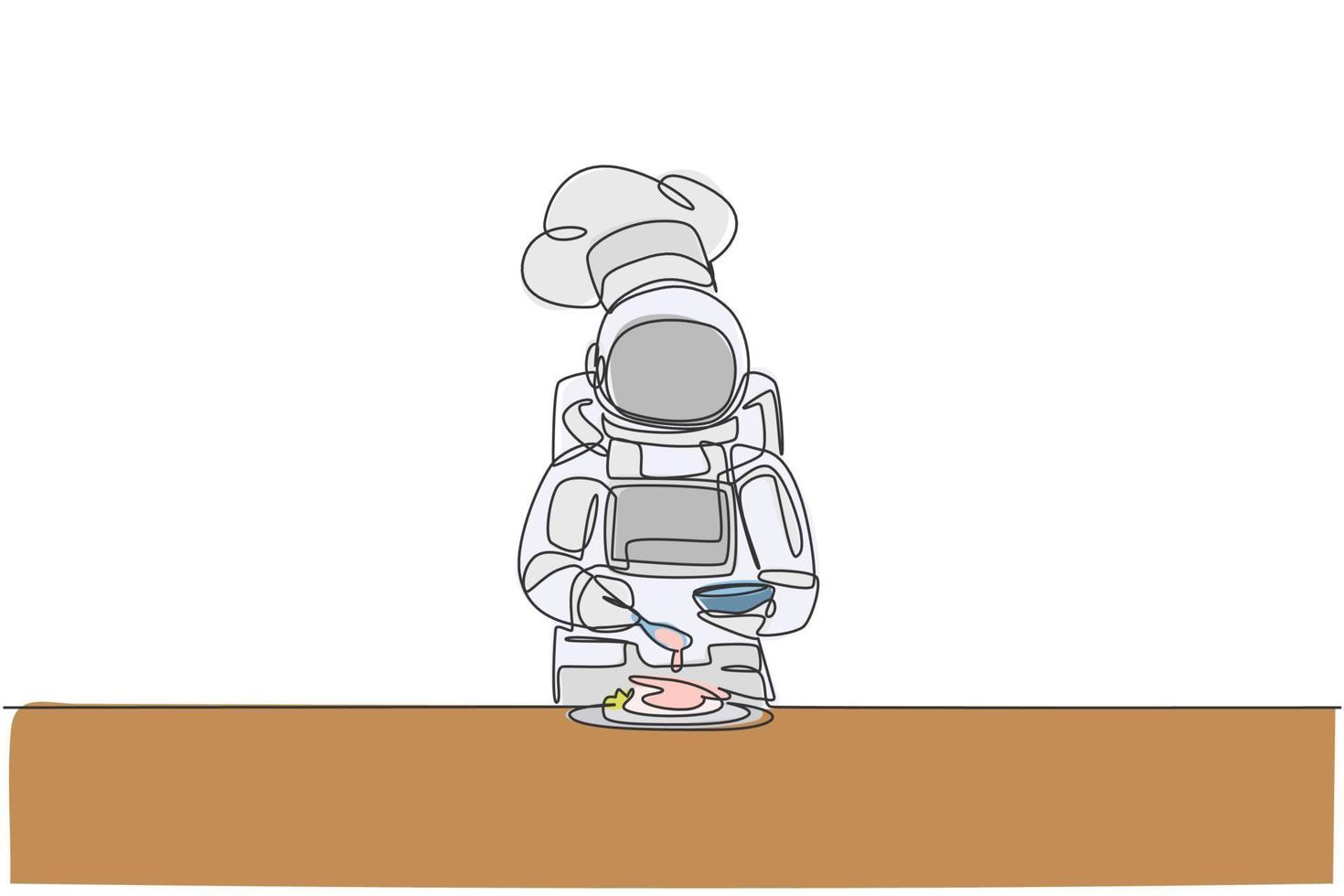 en kontinuerlig linjeteckning av ung astronautkock som häller kryddor i maträtt för servering av middag. hälsosam mat matmeny på restaurangkoncept. dynamisk enkel linje rita design vektor illustration