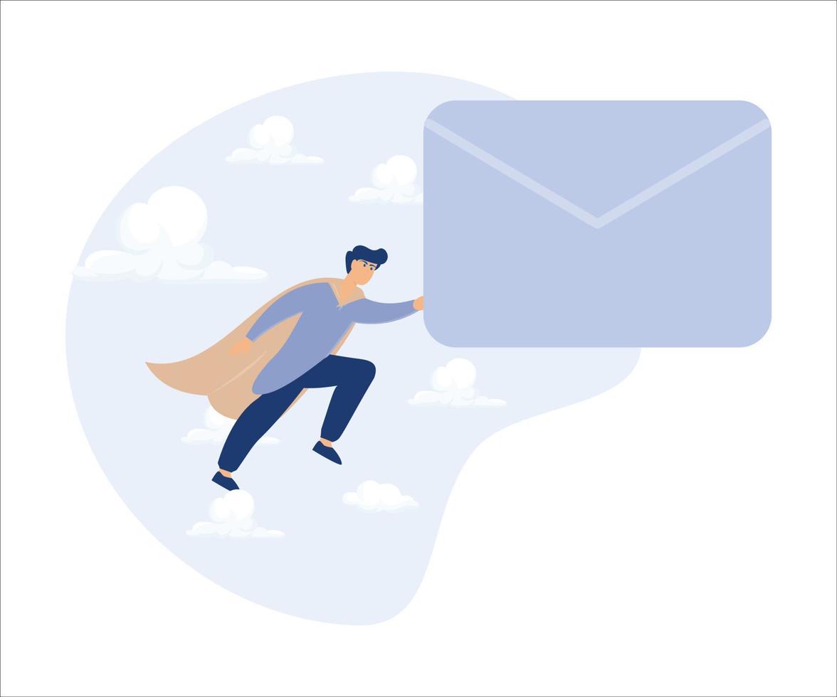 e-post kommunikation, sändning meddelande eller information begrepp, affärsman superhjälte bärande stor e-post kuvert flygande till mottagare adress. platt vektor modern illustration