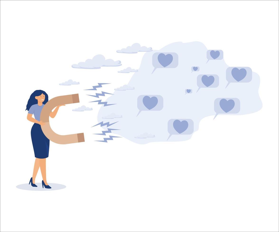 Sozial Medien Marketing, Kunde Engagement zu anlocken Benutzer mögen Konzept, Frau online Influencer mit Magnet zu zeichnen Liebe Symbole. eben Vektor modern Illustration