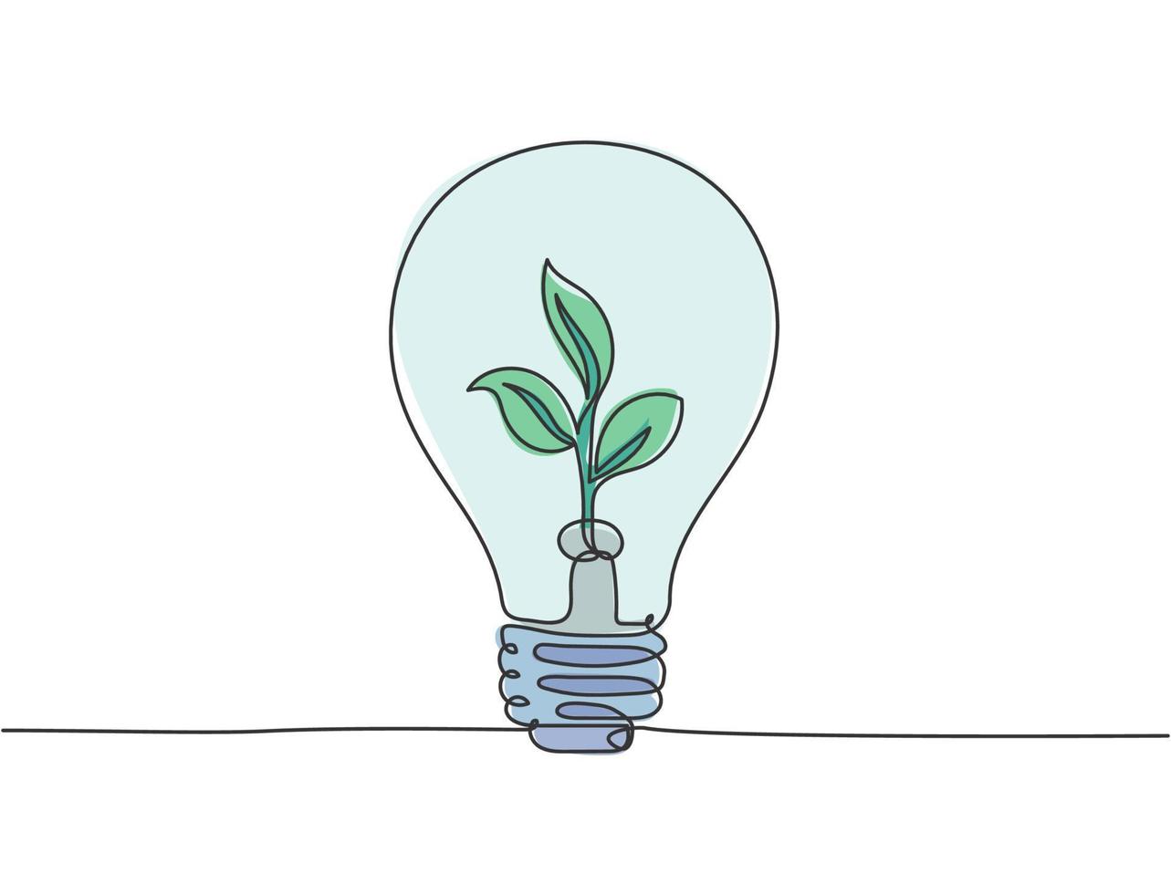 Eine durchgehende Strichzeichnung einer sauberen Glühbirne mit grüner Bio-Blatt-Pflanze im Symbol-Logo-Emblem. Ökologie sicheres Symbol Logo Vorlage Konzept. moderne grafische Darstellung des einzeiligen Draw-Designs vektor