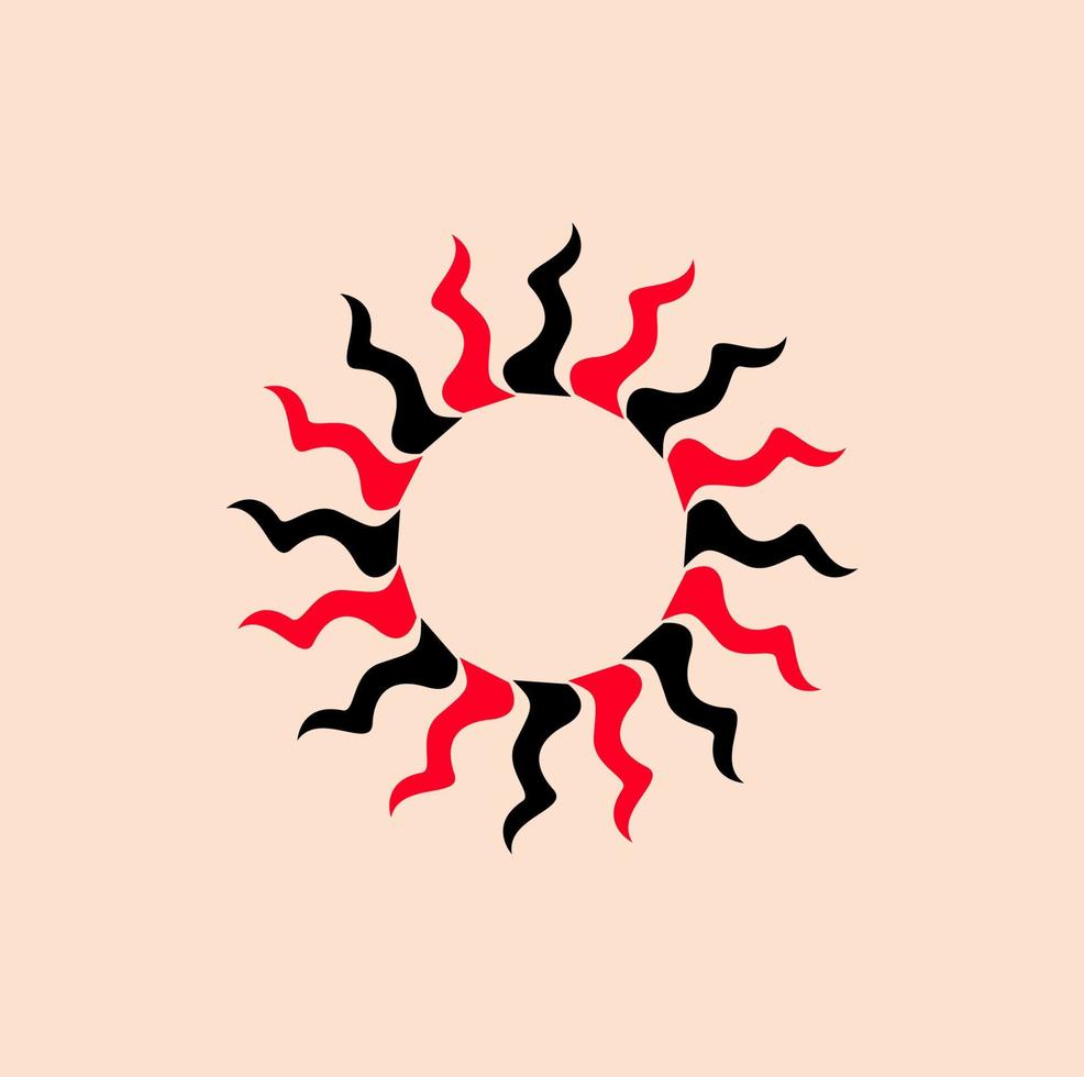 Sonne Vektor Illustration mit rot und schwarz Farben. lange Blütenblätter Sonne Symbol. Surya Symbol.