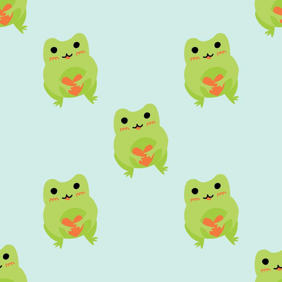 süß Karikatur Frosch mit Herz. verliebt Grün Kröten. Vektor Tier Zeichen nahtlos Muster von Amphibie Kröte Zeichnung.kindisch Design zum Baby Kleidung, Bettwäsche, Textilien, drucken, Hintergrund.