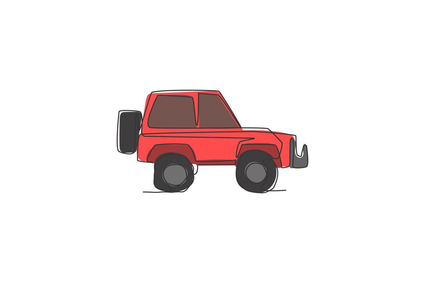 en kontinuerlig ritning av suv -bil för offroad -spår. transportfordon koncept. dynamisk enkel linje rita grafisk design vektor illustration