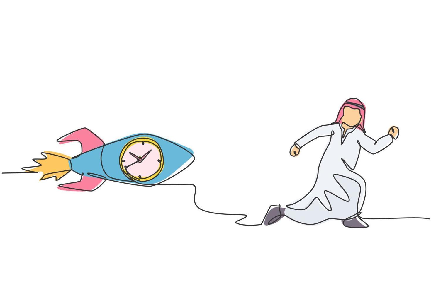 Kontinuierliche einzeilige Zeichnung junger arabischer männlicher Arbeiter, der von einer fliegenden Rakete mit Uhr im Inneren verfolgt wird. Rush Hour Management minimalistisches Geschäftskonzept. einzelne Linie zeichnen Design-Vektor-Grafik-Darstellung. vektor