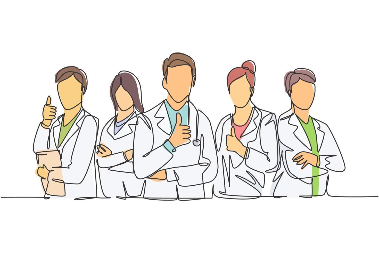 en radritning av grupper av unga glada läkare som ger tummen upp gest för bästa sjukvårdstjänst på sjukhus. medicinskt teamarbete koncept. kontinuerlig linje grafisk rita design vektor illustration