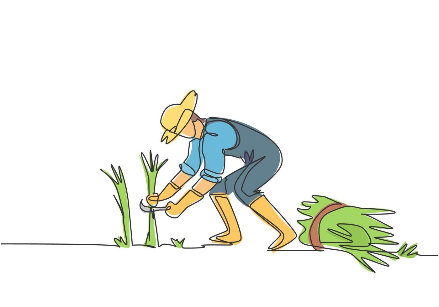 enda en radritning av ung manlig bonde skördade ris och det fanns också ris som hade bundits. jordbruk utmaning minimal koncept. en linje rita design grafisk vektor illustration.