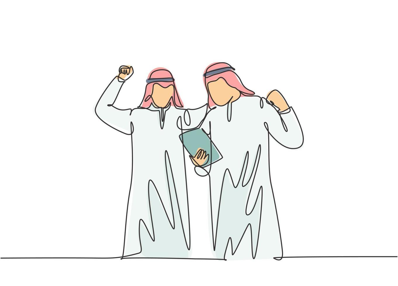 en enda radritning av ung glad muslimsk försäljningschef firar framgång medan du tittar på gadget. saudiarabien med kandora, halsduk, thobe, ghutra. kontinuerlig linje rita design vektor illustration