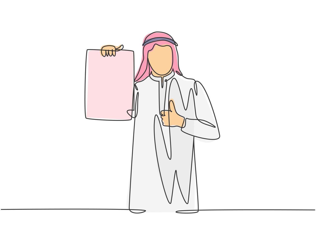 Eine einzige Strichzeichnung eines jungen glücklichen muslimischen Managers, der stolz seine Arbeitsleistungen zeigt. saudi-arabien tuch shmag, kandora, kopftuch, thobe ghutra. durchgehende Linie zeichnen Design-Vektor-Illustration vektor