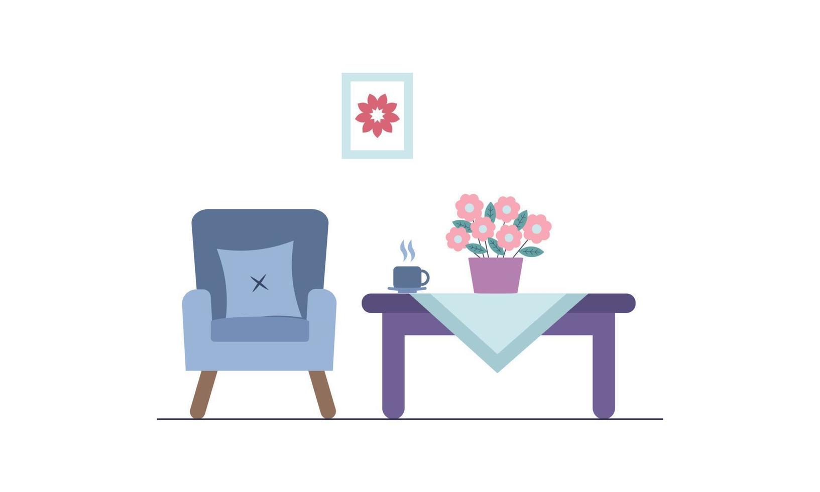 mini tabell och soffa med blomma vas och varm kaffe vektor
