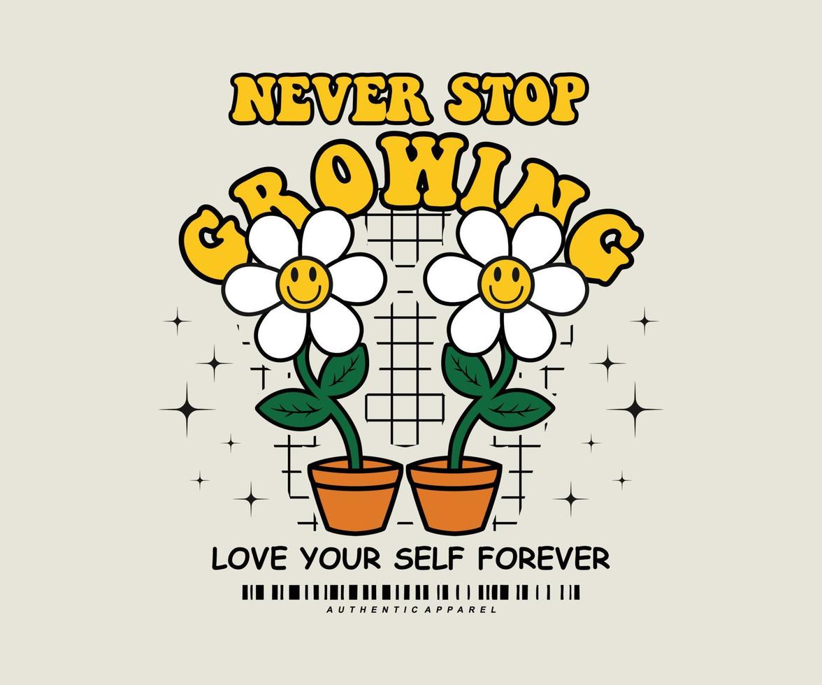 retro groovig inspirierend Slogan drucken mit Jahrgang Smiley lächelnd Gänseblümchen Blume Illustration zum Strassenmode und städtisch Stil T-Shirts Design, Hoodies, usw - - Vektor