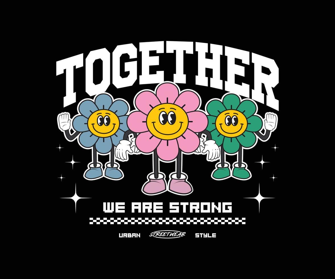 retro groovig inspirierend Slogan drucken mit Jahrgang Smiley lächelnd Gänseblümchen Blume Illustration zum Strassenmode und städtisch Stil T-Shirts Design, Hoodies, usw. vektor