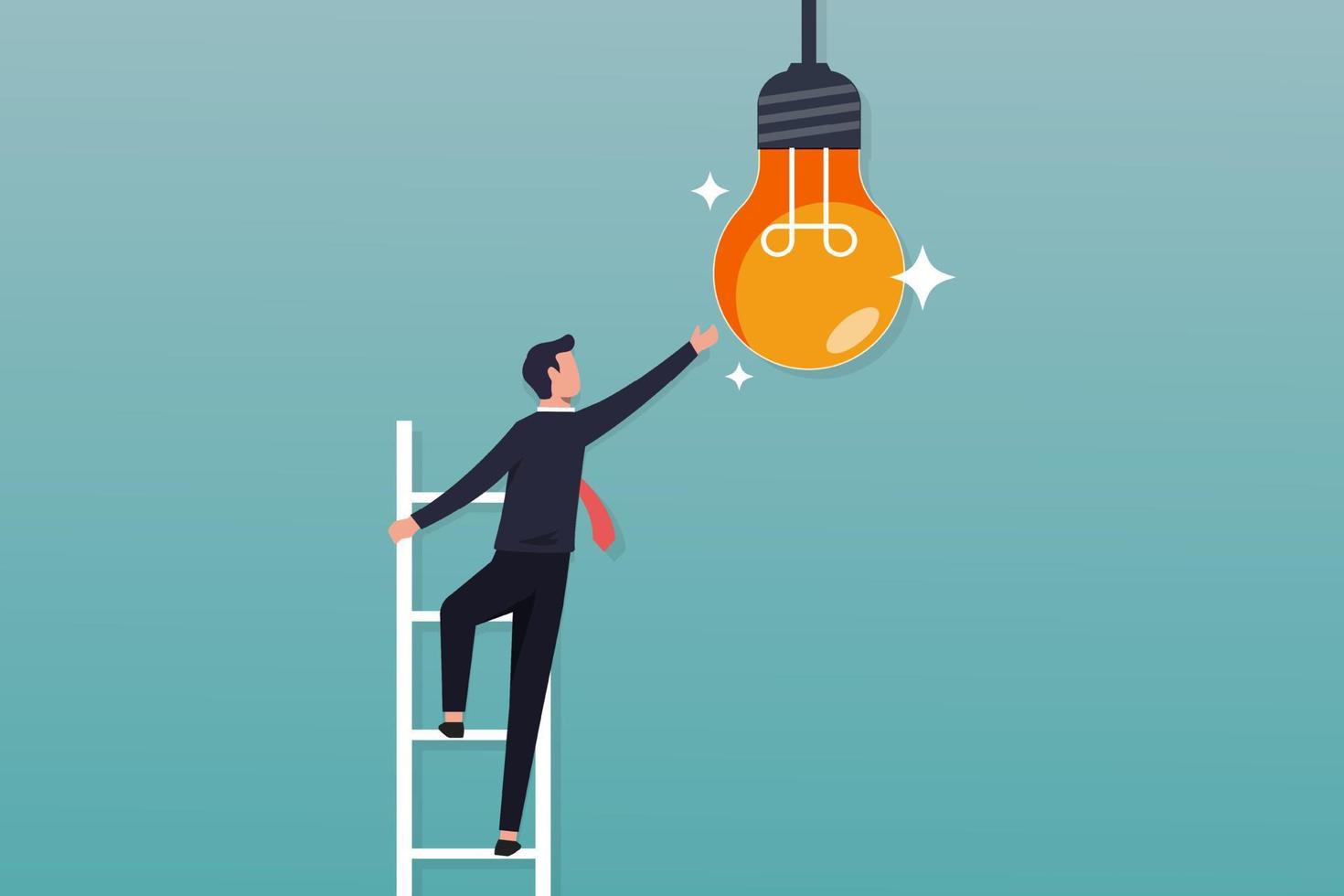 innovation aning till kör Framgång, företag innovativ lösning till uppnå en mål, affärsman klättra upp stege till nå glödlampa symbol vektor