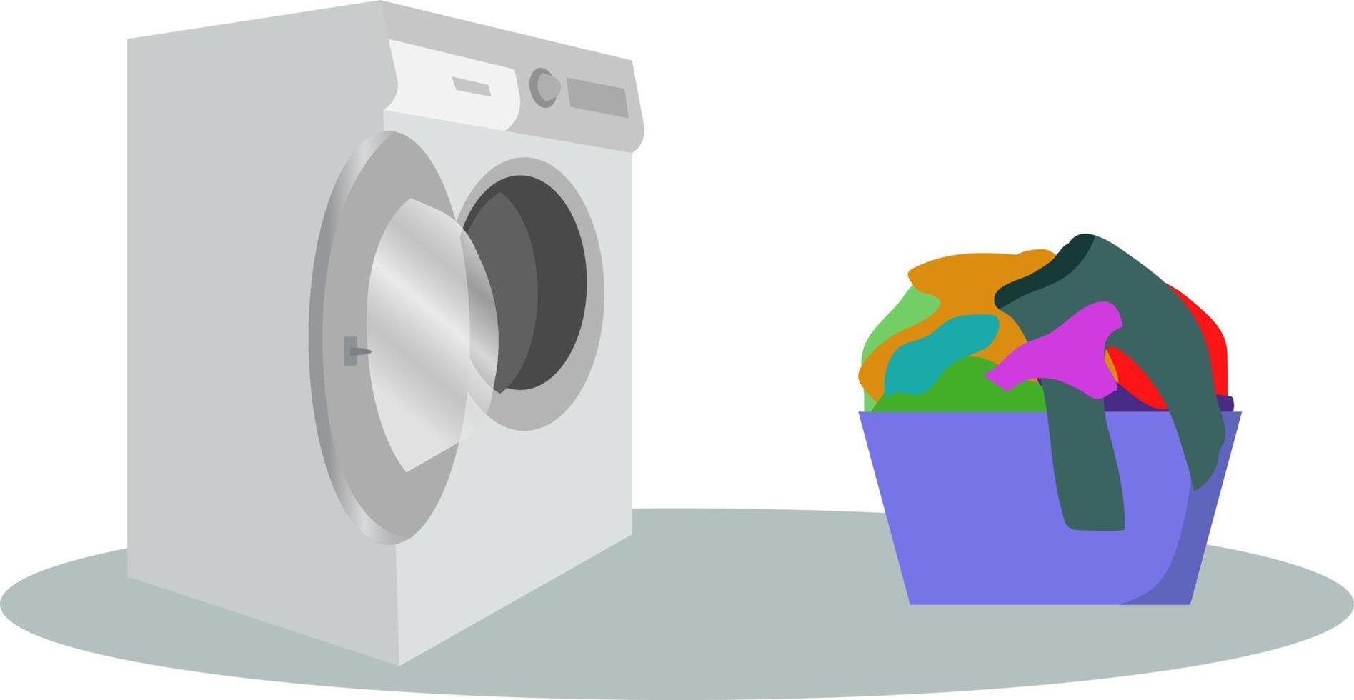 tvättning maskin med korg. platt stil vektor illustration, tvättning maskin och tvätt korg illustration bricka med smutsig kläder översikt illustration.