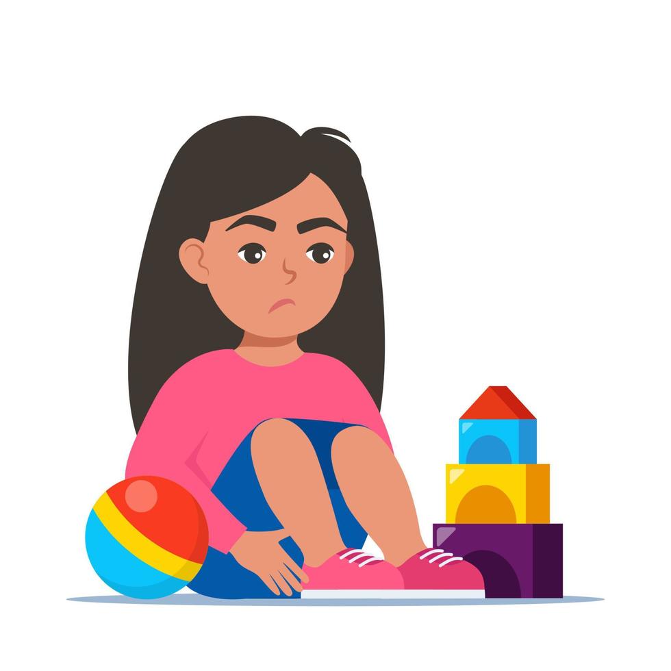ledsen flicka Sammanträde på golv omgiven förbi leksaker. autism, barn påfrestning, mental oordning, ångest, depression, påfrestning, huvudvärk. vektor illustration.