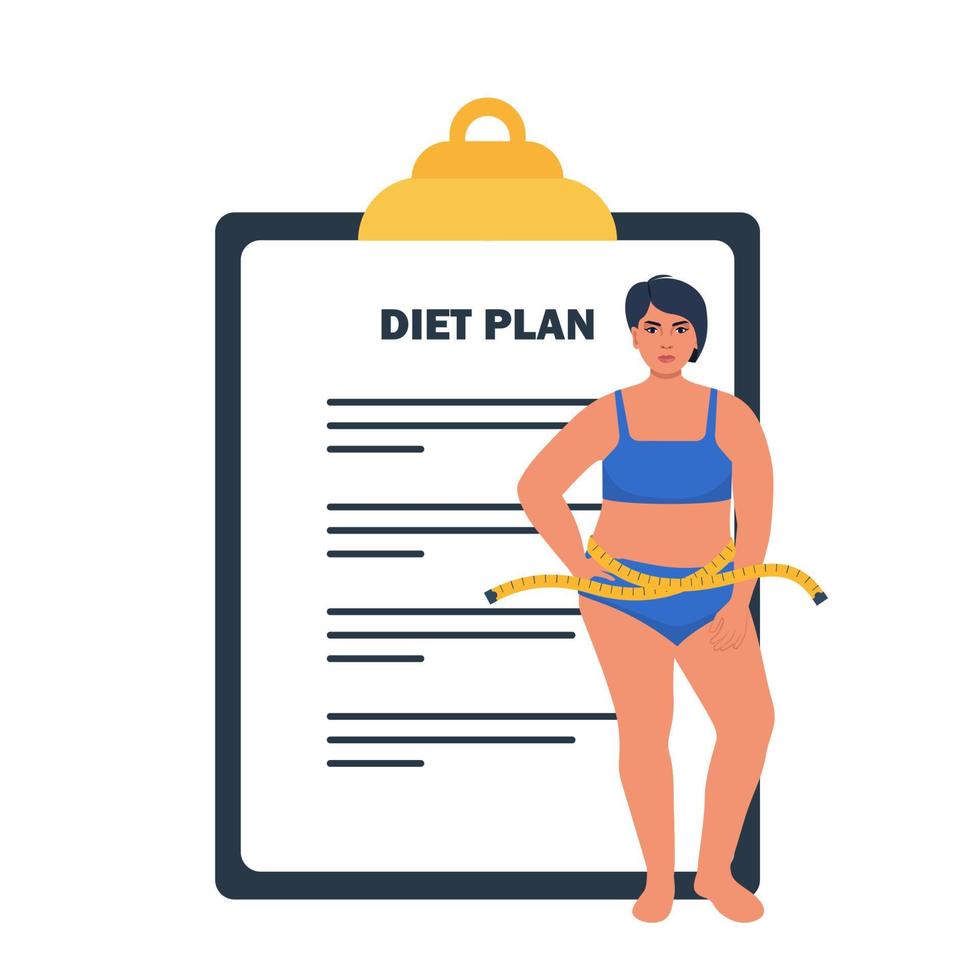 plus storlek kvinna i underkläder stående i främre av stor diet planen checklista. vektor illustration.