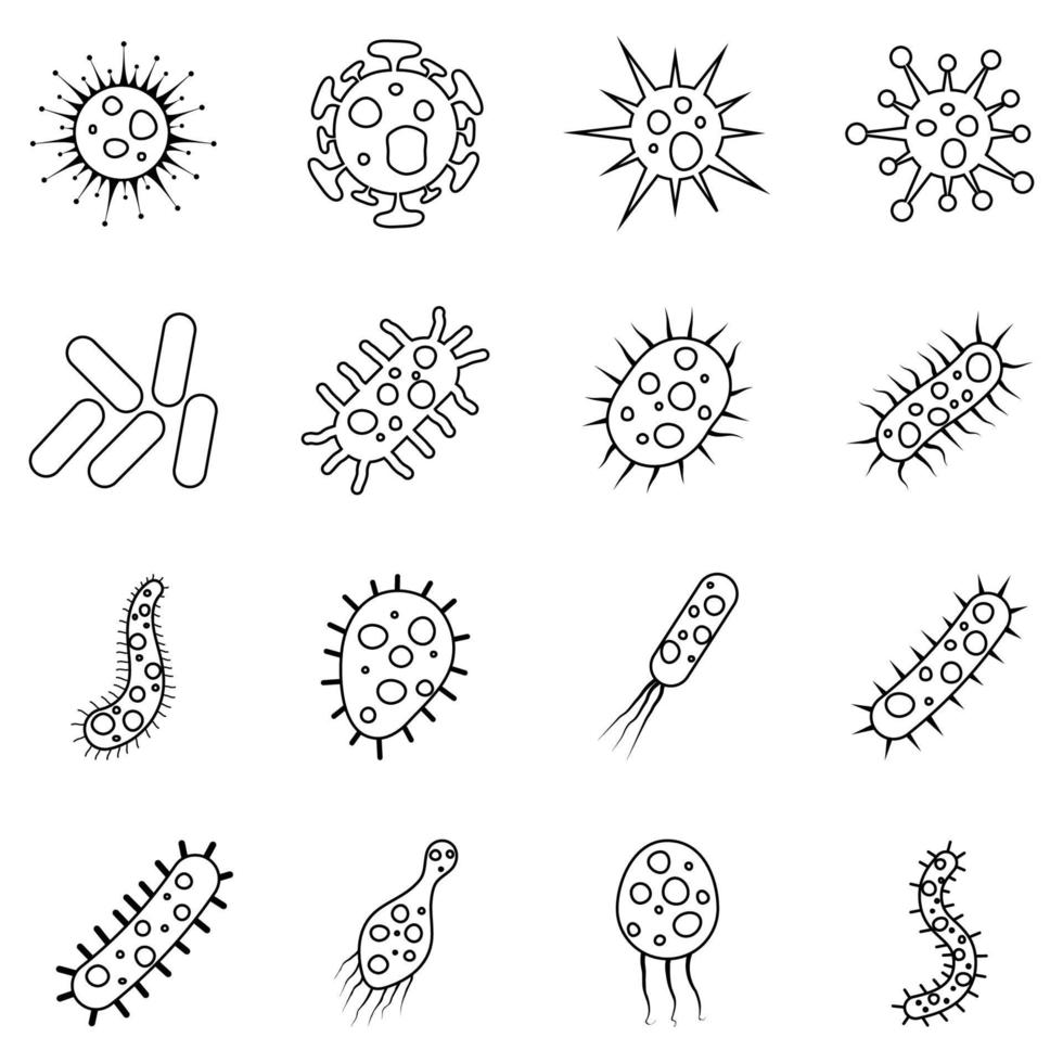 uppsättning av bakterie och virus vektor illustration i översikt stil. sjukdomsframkallande bakterier, virus och mikrober.