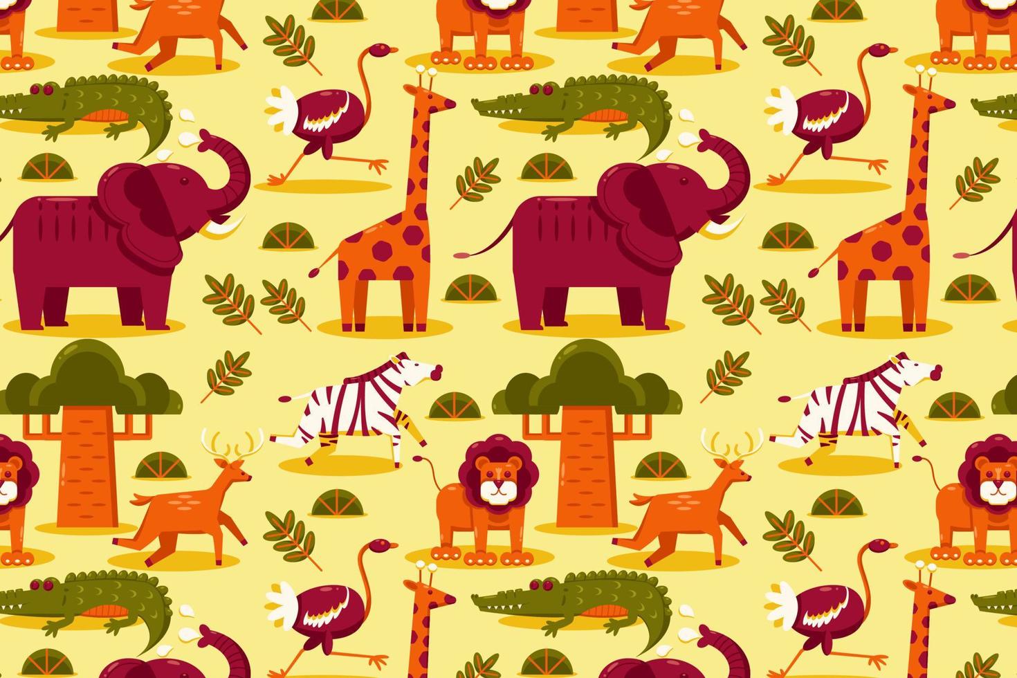 afrikansk djur. mönster av elefant, lejon, giraff, gasell, antilop, krokodil, struts, och zebra vektor