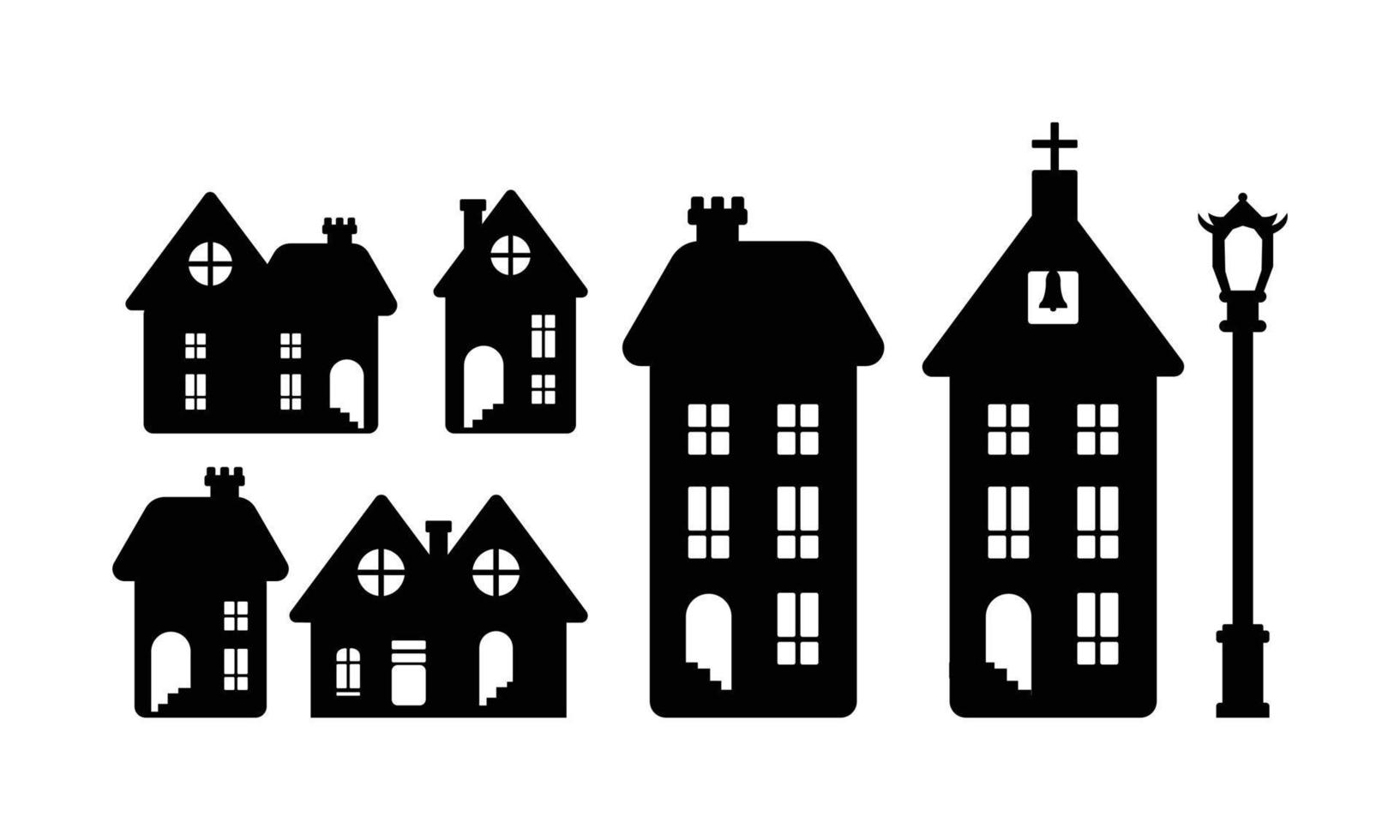 hus lägenhet, verklig egendom, kyrka silhuett vektor illustration uppsättning bunt redigerbar
