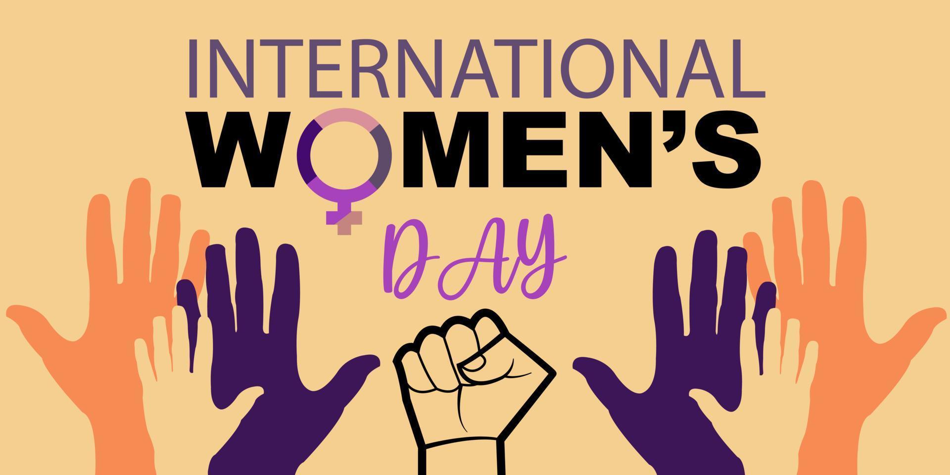 International Damen Tag Banner Poster. das Bewegung zum Damen Rechte. Feminismus Aktivisten Kampf zum Frauen Rechte von Freiheit, Unabhängigkeit und Gleichwertigkeit. Faust stoßen geballt Leistung und Konflikt. vektor