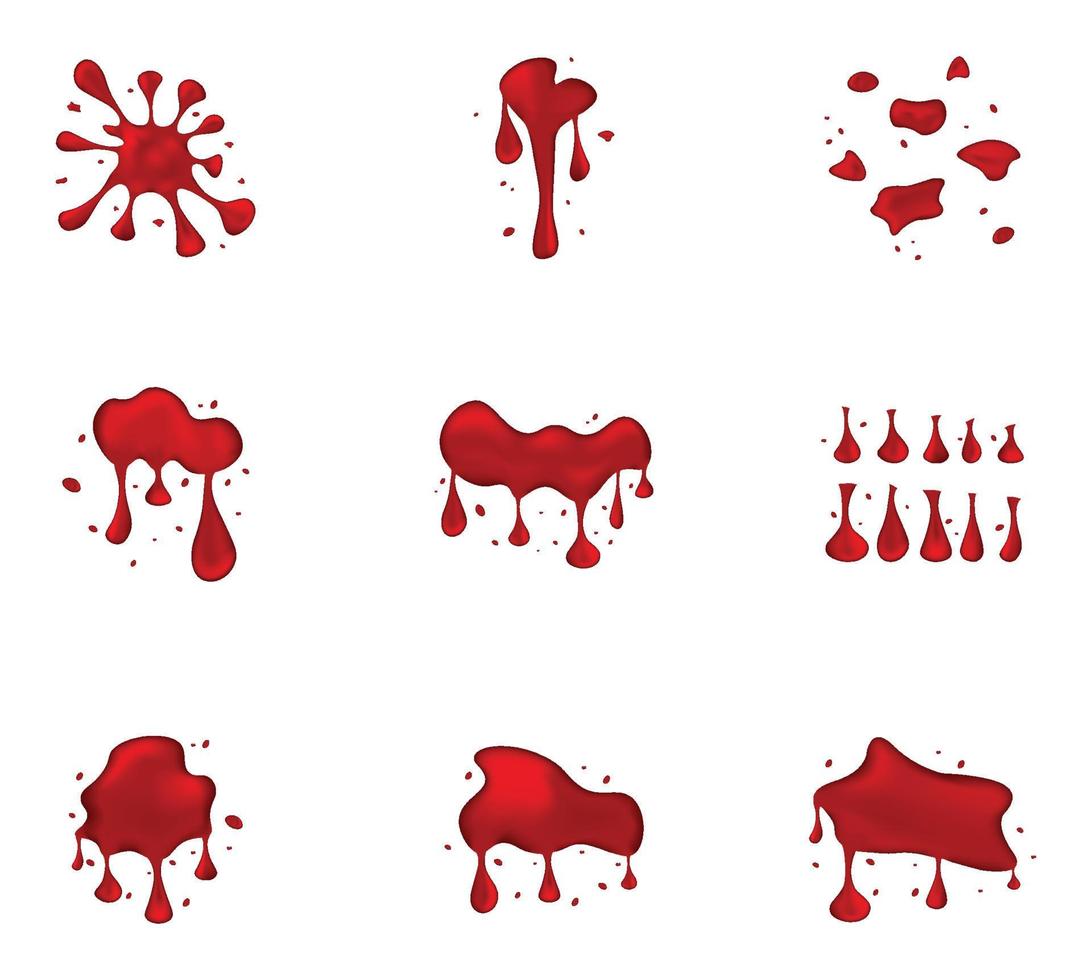 uppsättning av olika realistisk stil 3d blod bläck eller måla stänka ner isolerat på vit bakgrund. vektor