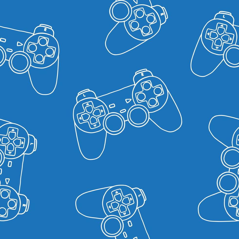 sömlös mönster av spel kontroller. vektor illustration i ritad för hand översikt platt stil på blå bakgrund