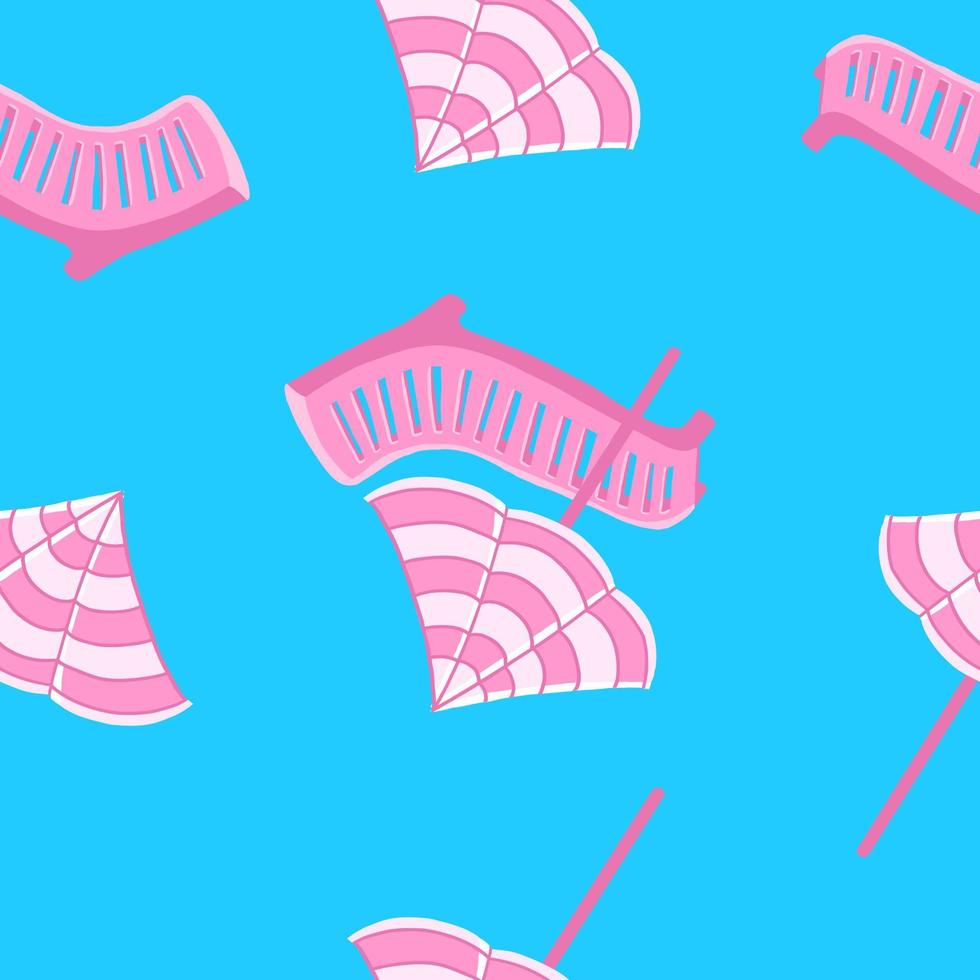 Rosa Strand Regenschirm und Liege nahtlos Muster. Vektor Illustration im Karikatur eben Stil isoliert auf Blau Hintergrund