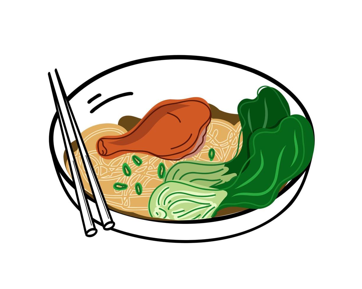 Reis mit Hähnchen und pak Choi. eben Vektor Illustration.