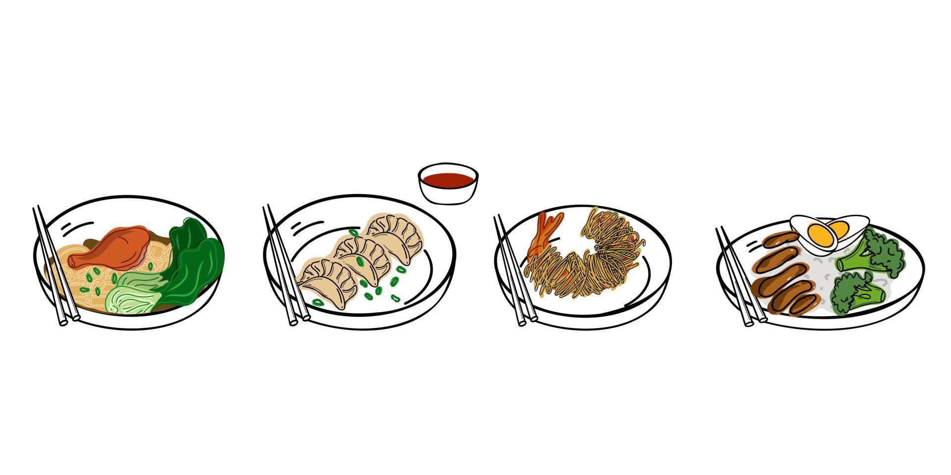 japanisch Essen Satz, gedze, Garnele, Reis mit Hähnchen und Gemüse vektor
