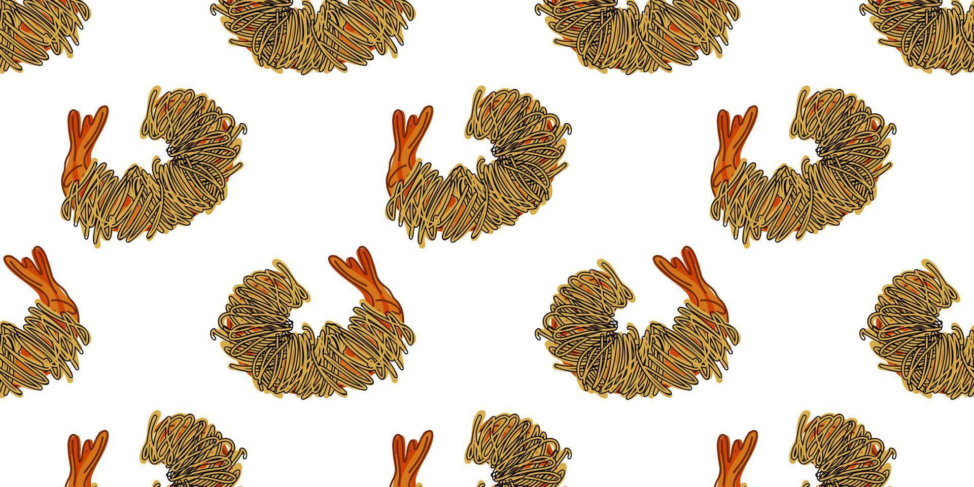 sömlös mönster med friterad räka insvept i vermiceller. thai mellanmål. klotter vektor illustration
