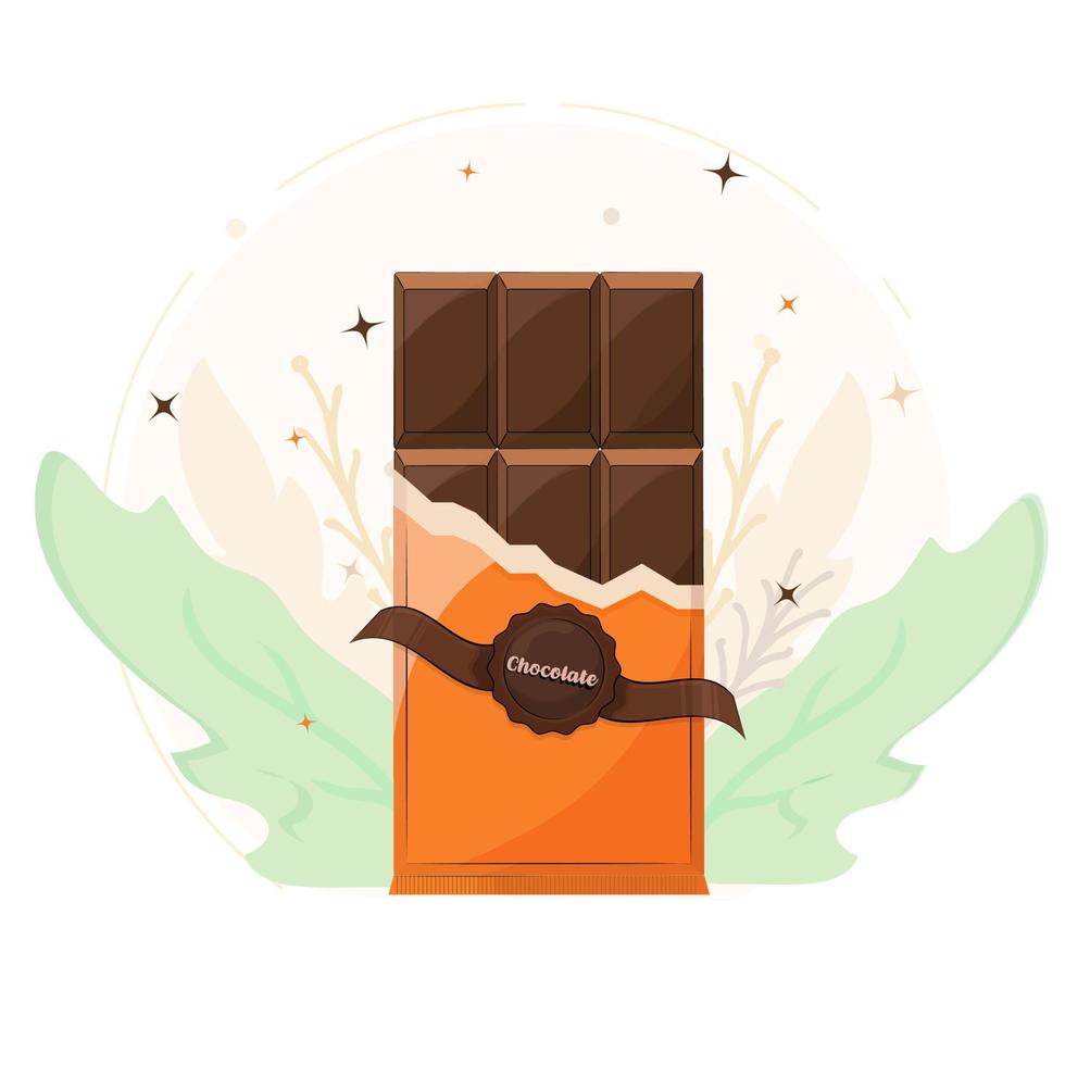 choklad bar i tecknad serie stil bland blommor. begrepp av reklam, webb design, Ansökan. vektor