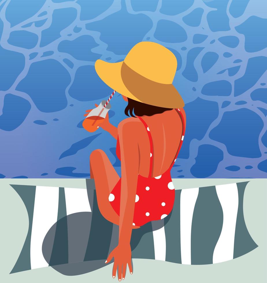 Vektor Illustration von ein Mädchen im ein Hut Trinken ein Cocktail im das Schwimmbad auf Ferien beim Meer Tourismus