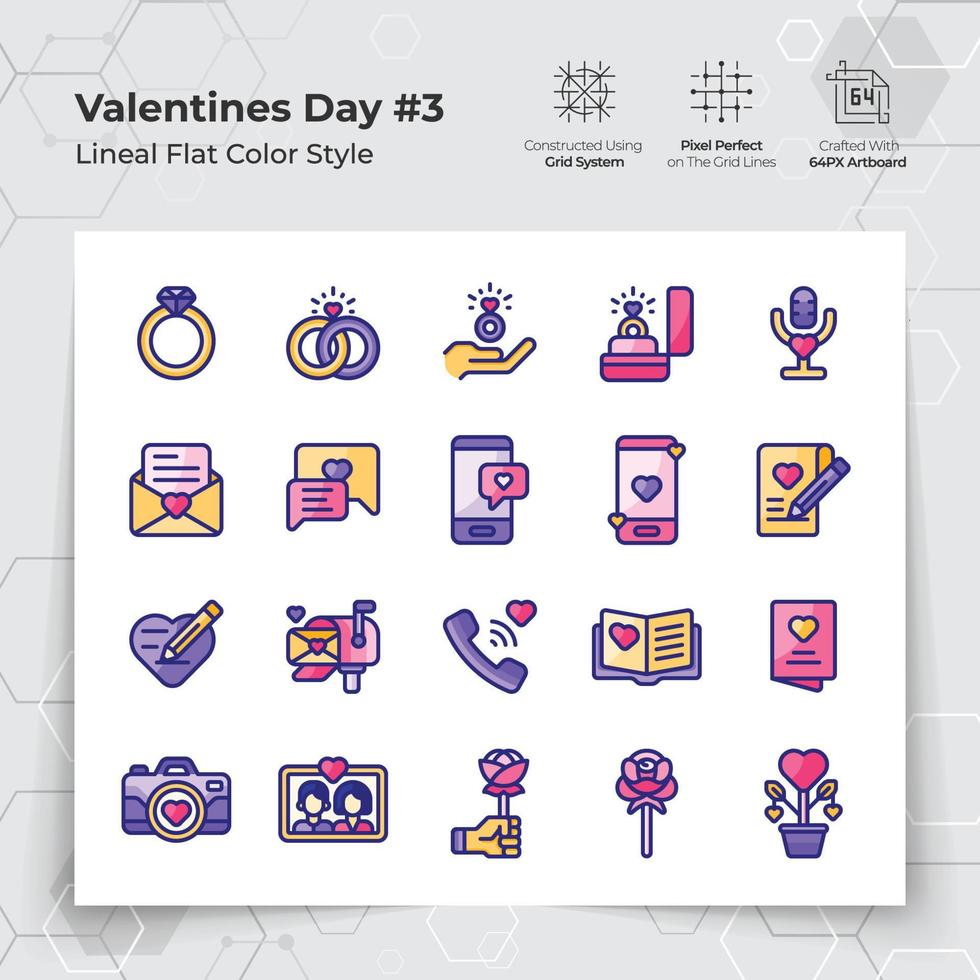 hjärtans dag ikoner uppsättning i linje platt Färg stil med bröllop gåvor och chatt tema. en samling av kärlek och roman vektor symboler för hjärtans dag firande.