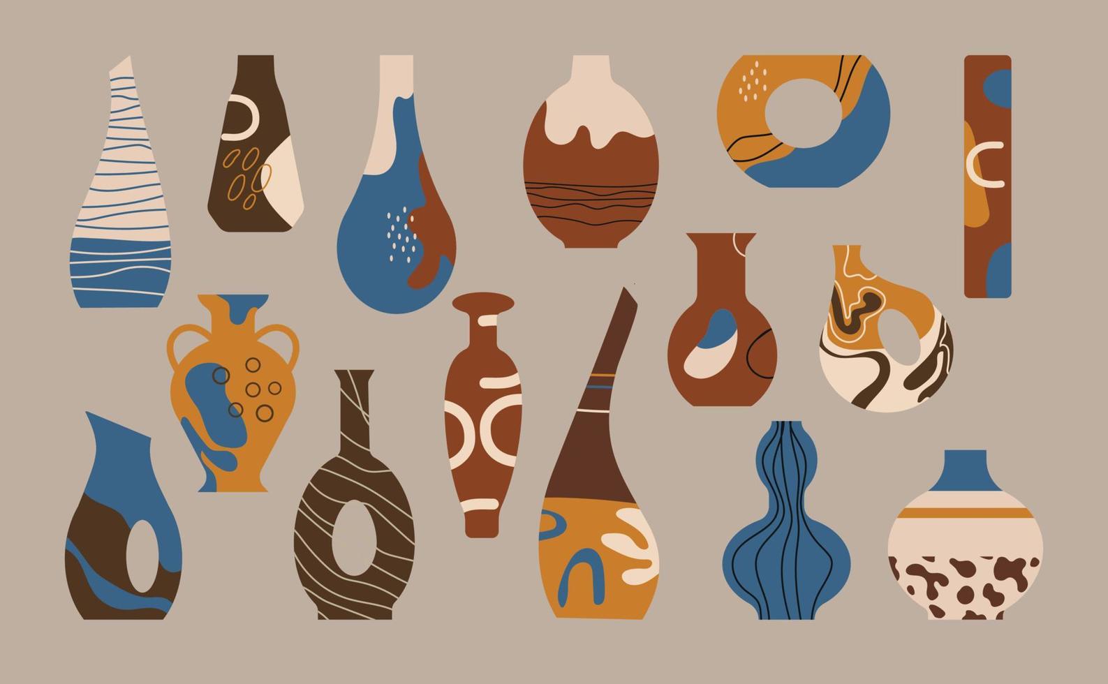 keramisk vaser och slumpmässig abstrakt klotter objekt. abstraktion, krukmakeri begrepp. olika texturer. hand dragen vektor uppsättning. trendig färgrik illustration. Allt element är isolerat