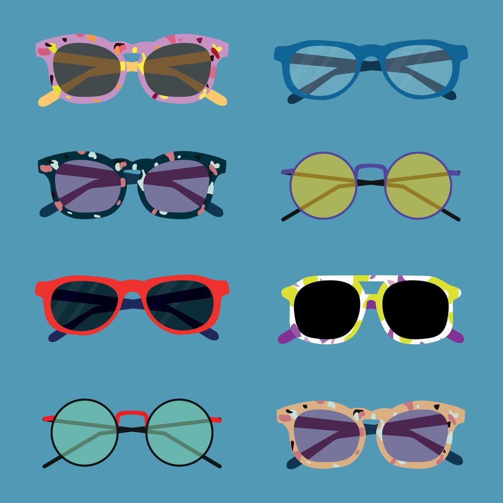 uppsättning av modern solglasögon i olika form och Färg vektor illustration. samling av modern och årgång glasögon och Sol skydd Tillbehör på blå bakgrund