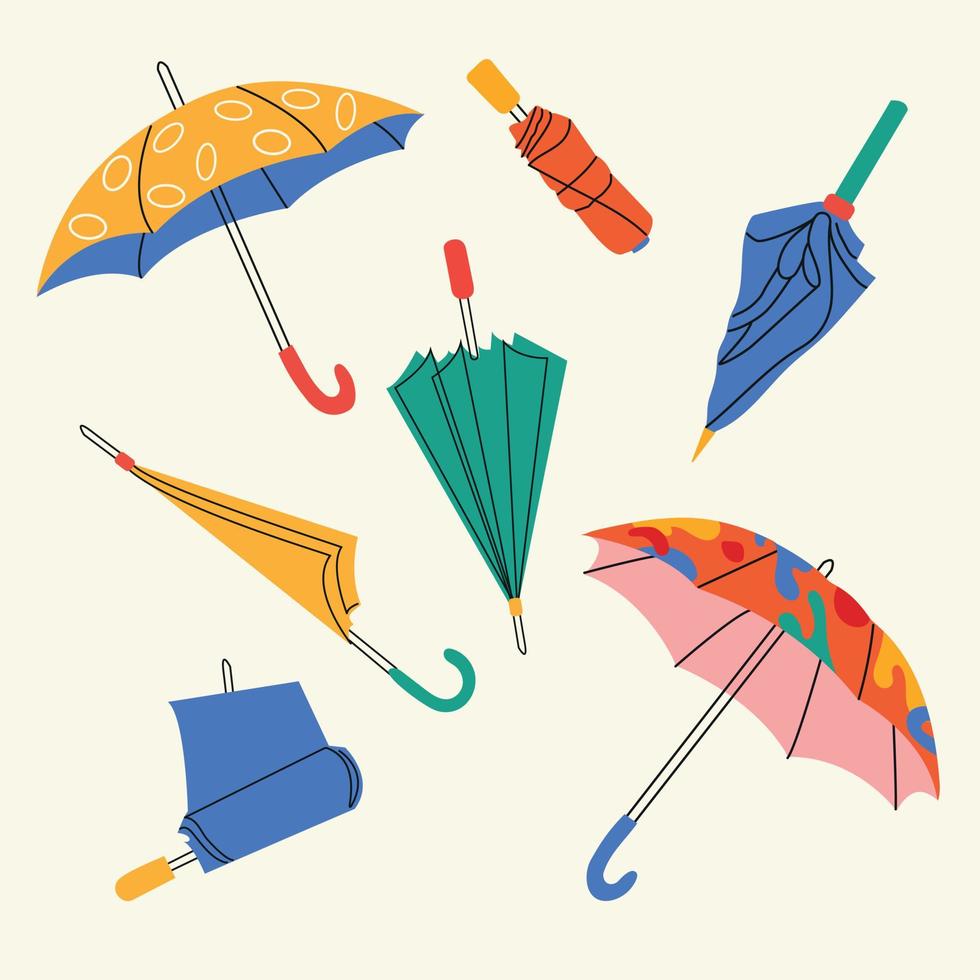 einstellen von anders Regenschirme im anders Positionen. öffnen und gefaltet Regenschirme. hell Farben. Hand gezeichnet Farbe Vektor Illustration. Karikatur Stil. Design Vorlagen. alle Elemente sind isoliert