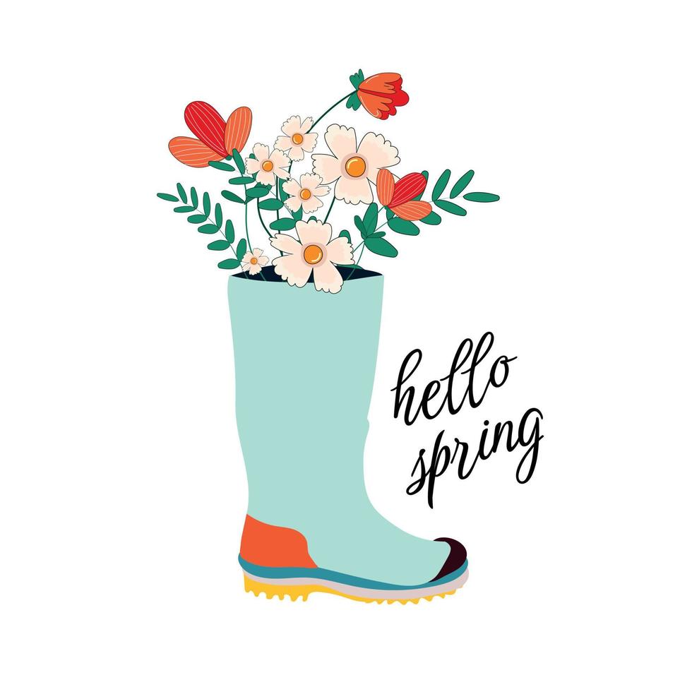 Hallo Frühling. süß Regen Stiefel mit Blumen Pflanzen. Hand gezeichnet Frühling drucken, Karte, Poster. Hand geschrieben Text, Beschriftung vektor